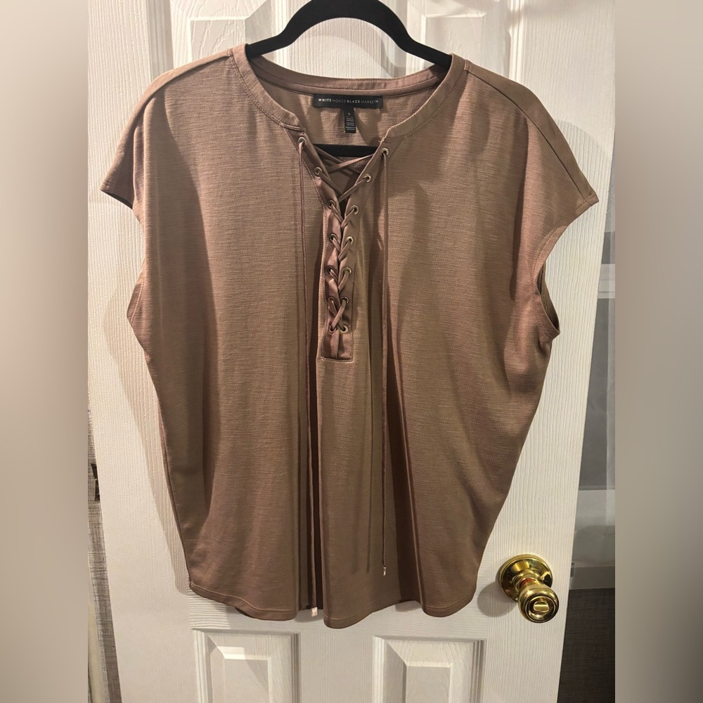 White House Black Market Tan Lace-Up Blouse
